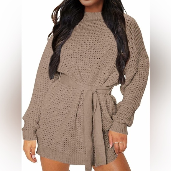 NWT Cozy Waffle Knit Crewneck Sweater Dress with Belt Tan Size Medium - Picture 2 of 15